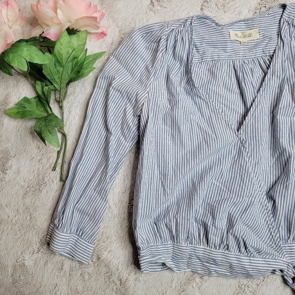 ✨️CL Madewell Blue White Stripe Cropped Top Sash Accent Size XXS - Picture 2 of 11